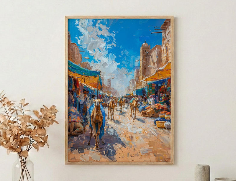 Desert Market Poster, Sahara Caravan Decor - Camel Street Landscape