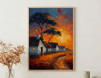 Savanna Village Wall Art, African Hut Decor - Summer Sunset Landscape