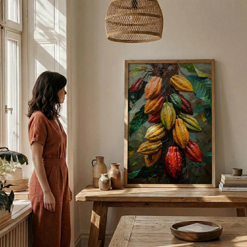 Cacao Pod Tree Wall Art, Exotic Nature Decor - Red Yellow Fruit Summer Jungle