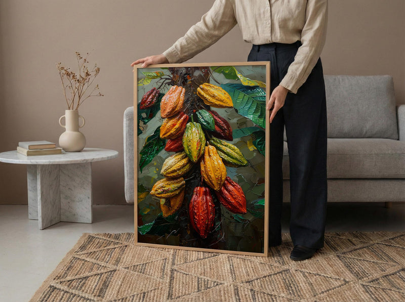 Cacao Pod Tree Wall Art, Exotic Nature Decor - Red Yellow Fruit Summer Jungle