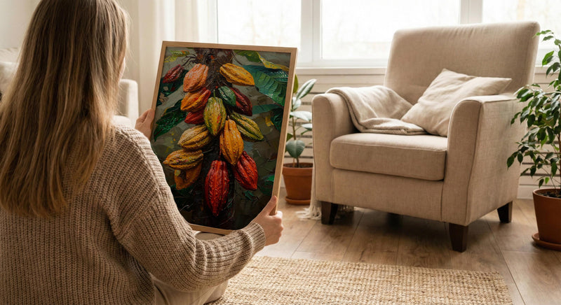 Cacao Pod Tree Wall Art, Exotic Nature Decor - Red Yellow Fruit Summer Jungle