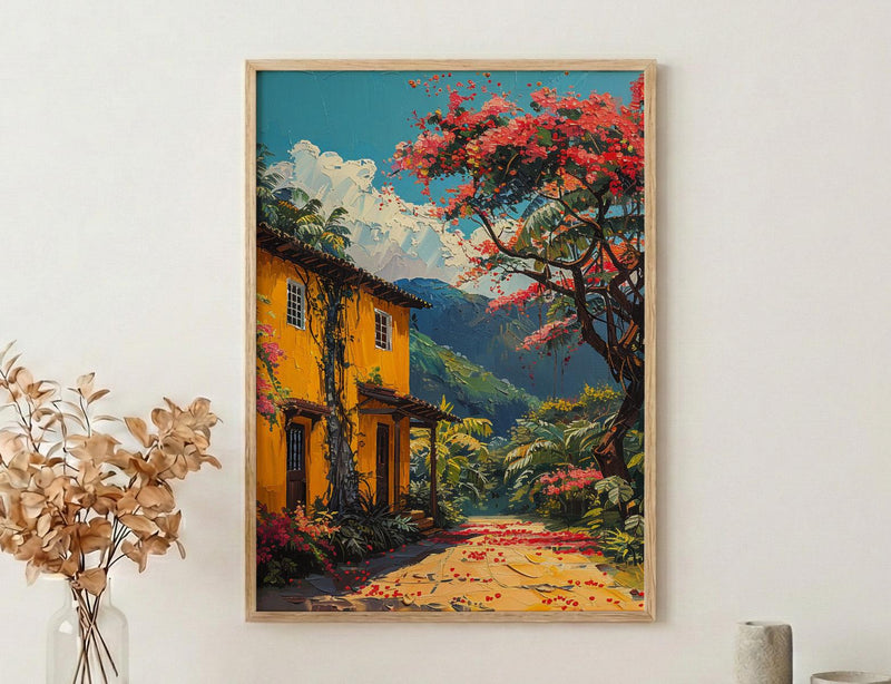 Colombia Coffee Bean Poster, South America Farm Decor - Vibrant Red Brown Summer Sun