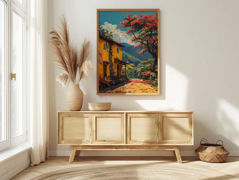 Colombia Coffee Bean Poster, South America Farm Decor - Vibrant Red Brown Summer Sun