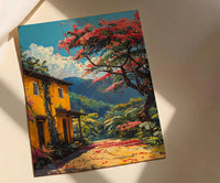 Colombia Coffee Bean Poster, South America Farm Decor - Vibrant Red Brown Summer Sun