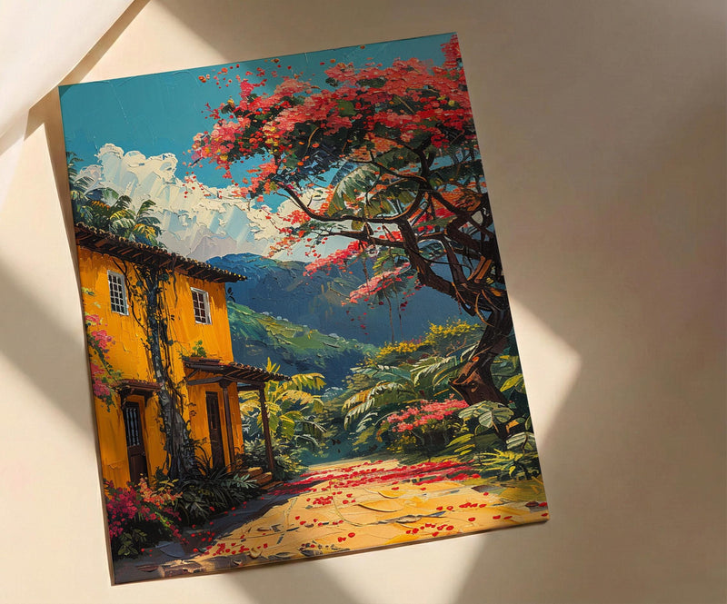 Colombia Coffee Bean Poster, South America Farm Decor - Vibrant Red Brown Summer Sun