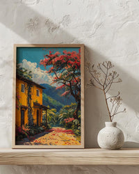 Colombia Coffee Bean Poster, South America Farm Decor - Vibrant Red Brown Summer Sun