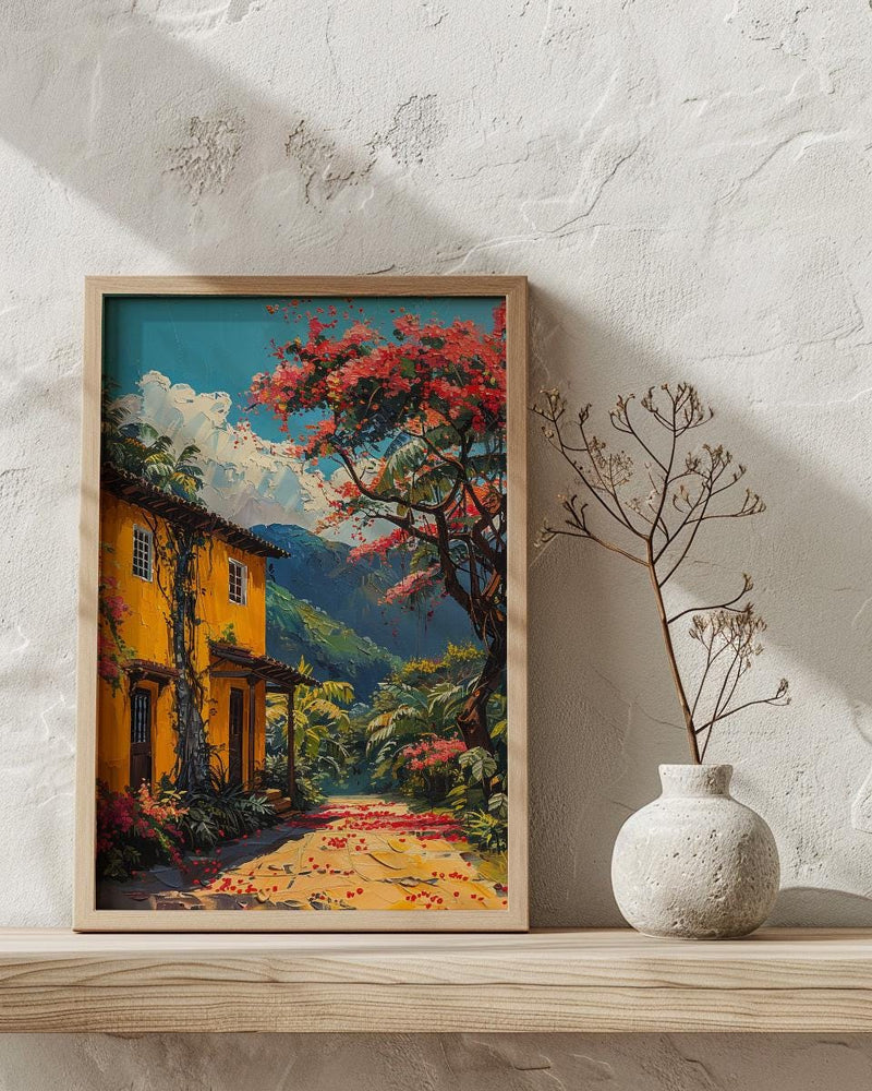 Colombia Coffee Bean Poster, South America Farm Decor - Vibrant Red Brown Summer Sun