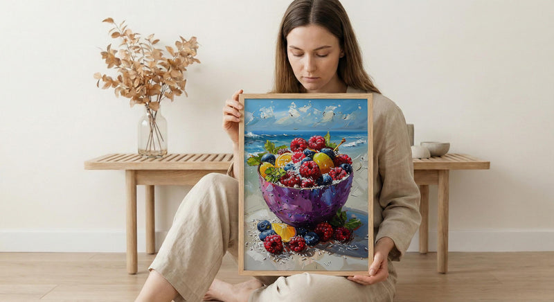 Tropical Acai Bowl Art Print, Beach Food Decor - Fresh Purple Fruit Summer Sand