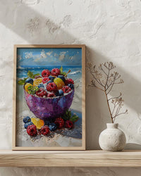 Tropical Acai Bowl Art Print, Beach Food Decor - Fresh Purple Fruit Summer Sand