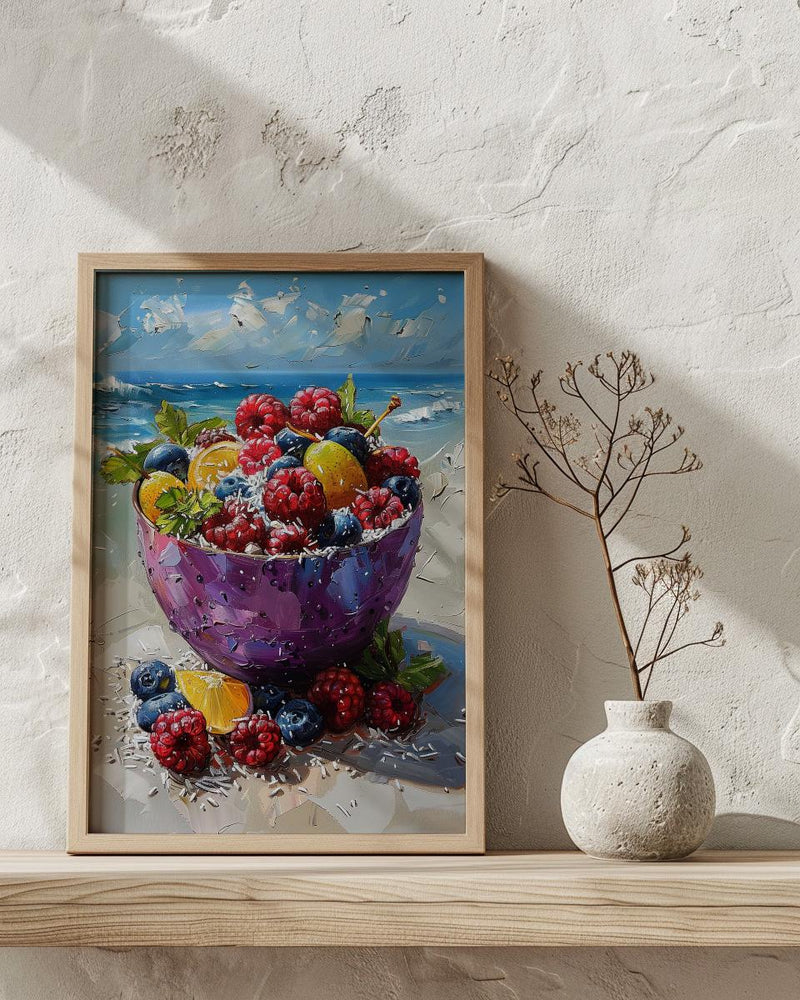 Tropical Acai Bowl Art Print, Beach Food Decor - Fresh Purple Fruit Summer Sand