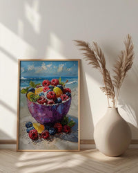 Tropical Acai Bowl Art Print, Beach Food Decor - Fresh Purple Fruit Summer Sand