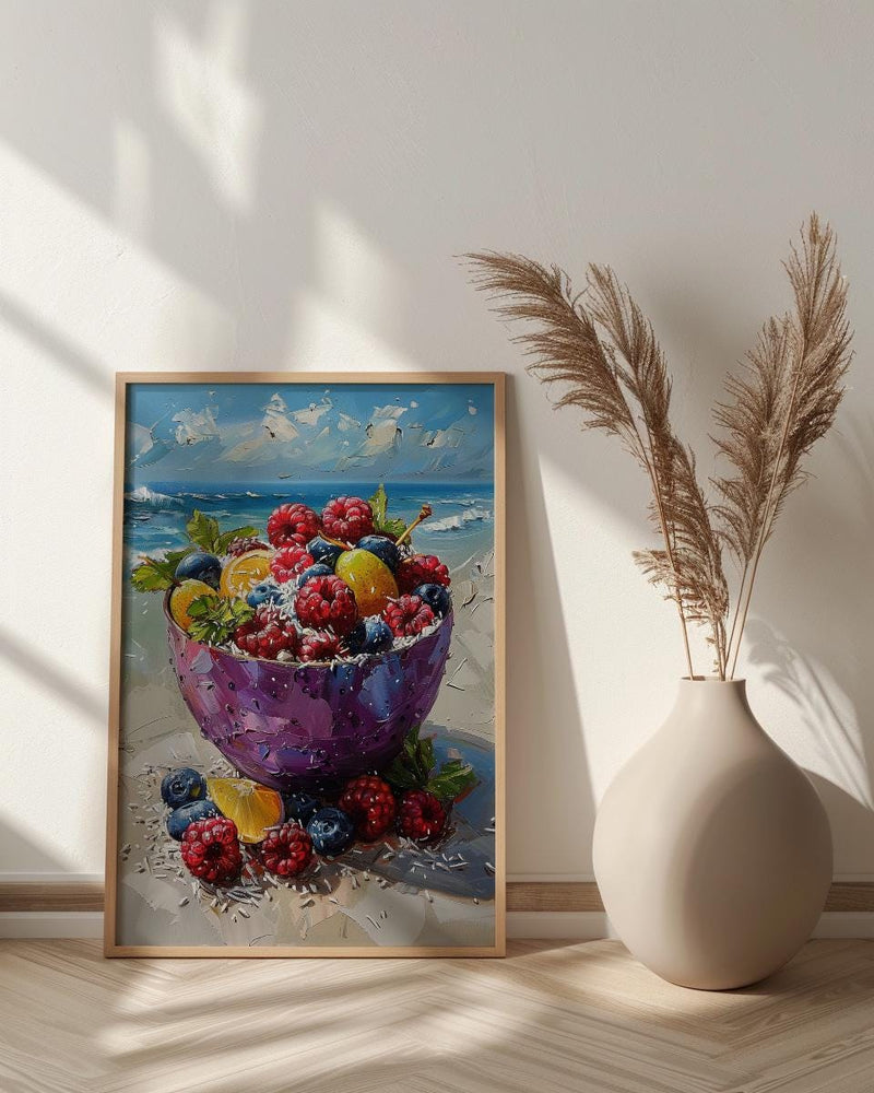 Tropical Acai Bowl Art Print, Beach Food Decor - Fresh Purple Fruit Summer Sand