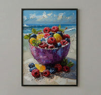 Tropical Acai Bowl Art Print, Beach Food Decor - Fresh Purple Fruit Summer Sand