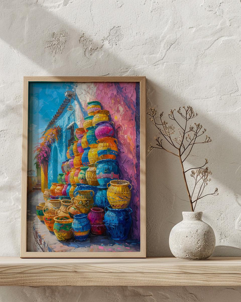 Mercado Woven Basket Poster, Latin America Craft Decor - Colorful Handmade Market Summer Light