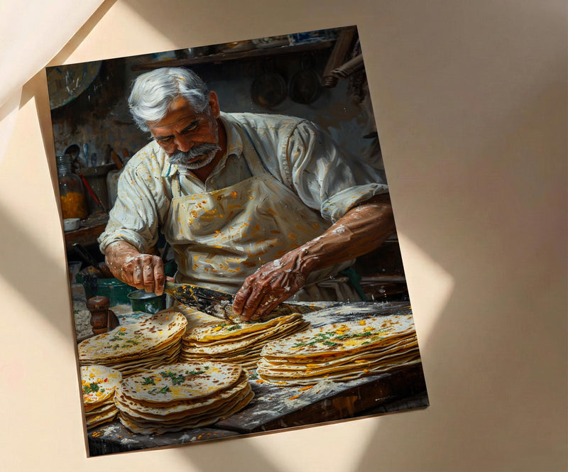 Making Fresh Tortilla Art Print, Mexican Food Decor - Rustic Griddle Warm Summer Evening