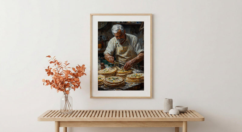 Making Fresh Tortilla Art Print, Mexican Food Decor - Rustic Griddle Warm Summer Evening