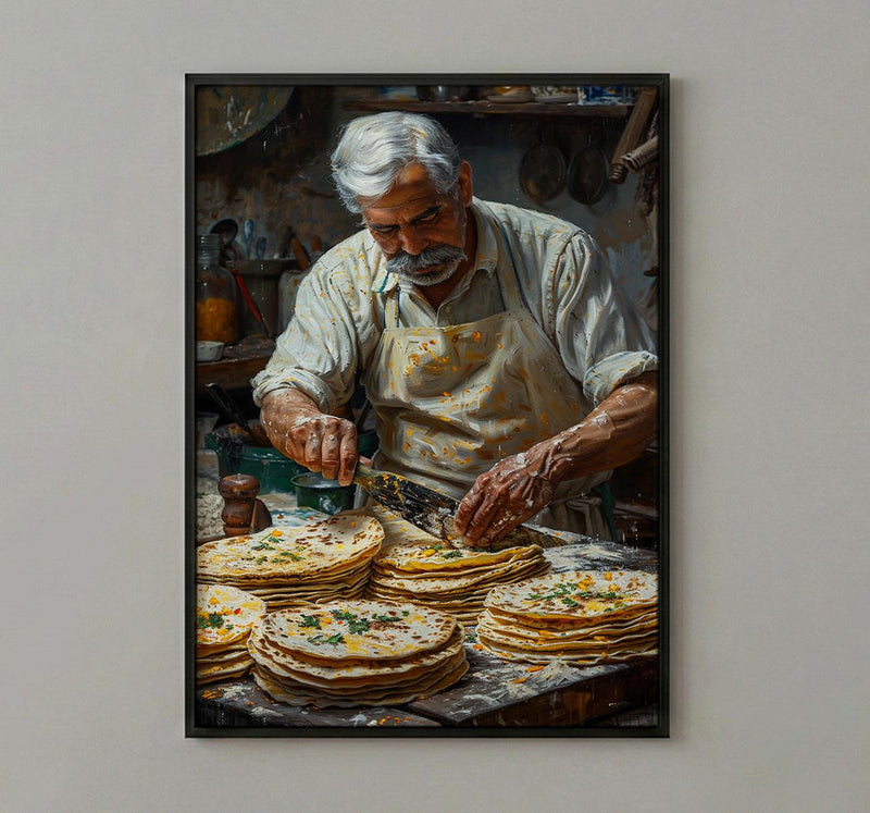 Making Fresh Tortilla Art Print, Mexican Food Decor - Rustic Griddle Warm Summer Evening