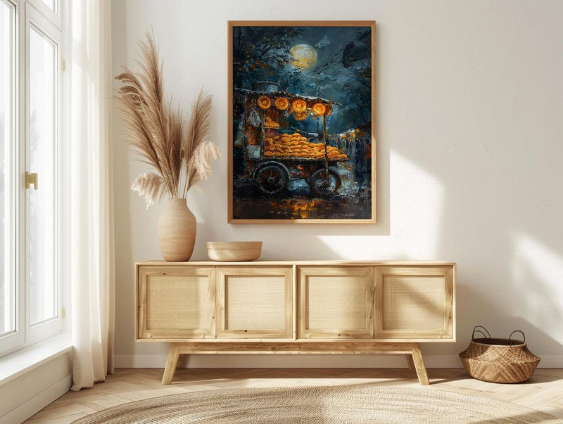 Golden Empanada Street Art Print, Latin Food Decor - Warm Evening Lantern Summer Cart