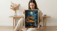 Golden Empanada Street Art Print, Latin Food Decor - Warm Evening Lantern Summer Cart