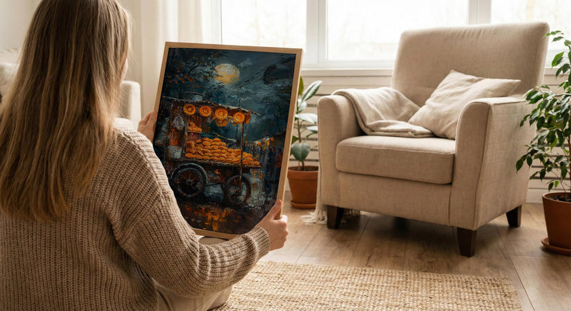 Golden Empanada Street Art Print, Latin Food Decor - Warm Evening Lantern Summer Cart