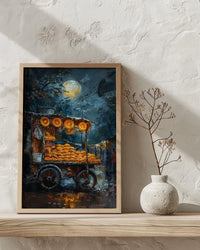 Golden Empanada Street Art Print, Latin Food Decor - Warm Evening Lantern Summer Cart