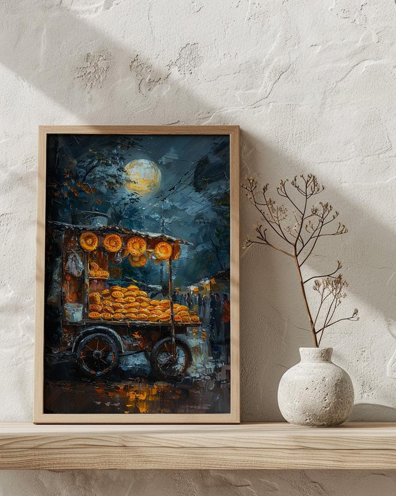 Golden Empanada Street Art Print, Latin Food Decor - Warm Evening Lantern Summer Cart
