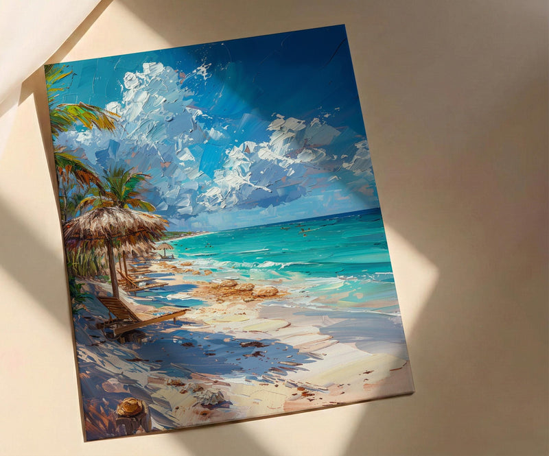 Tulum Boho Beach Club Poster, Tropical Mexico Coast Decor - White Sand Turquoise Water
