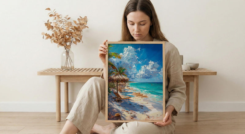 Tulum Boho Beach Club Poster, Tropical Mexico Coast Decor - White Sand Turquoise Water