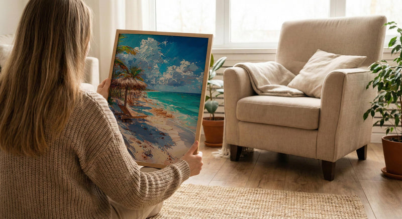 Tulum Boho Beach Club Poster, Tropical Mexico Coast Decor - White Sand Turquoise Water