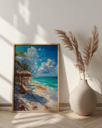Tulum Boho Beach Club Poster, Tropical Mexico Coast Decor - White Sand Turquoise Water