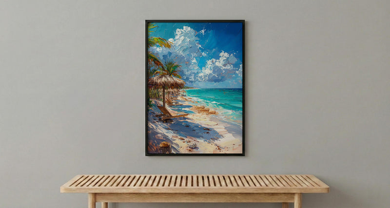 Tulum Boho Beach Club Poster, Tropical Mexico Coast Decor - White Sand Turquoise Water