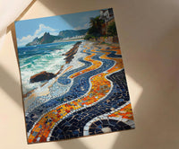 Copacabana Mosaic Walkway Wall Art, Rio Beach City Decor - Bright Blue Ocean Scene