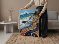 Copacabana Mosaic Walkway Wall Art, Rio Beach City Decor - Bright Blue Ocean Scene