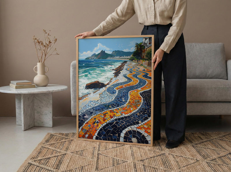 Copacabana Mosaic Walkway Wall Art, Rio Beach City Decor - Bright Blue Ocean Scene