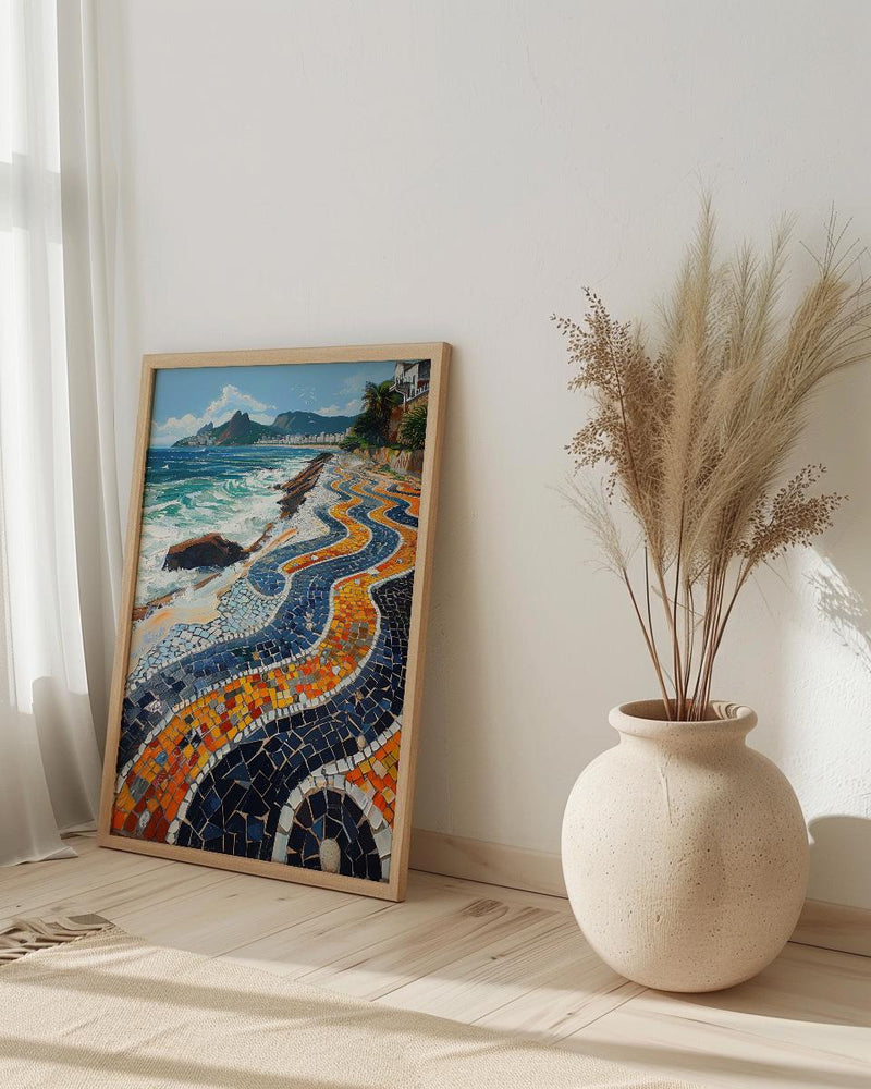 Copacabana Mosaic Walkway Wall Art, Rio Beach City Decor - Bright Blue Ocean Scene