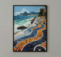 Copacabana Mosaic Walkway Wall Art, Rio Beach City Decor - Bright Blue Ocean Scene