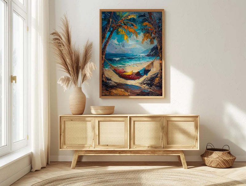 Tropical Palm Hammock Poster, Relaxing Beach Summer Decor - Bright Sky Secluded Ocean