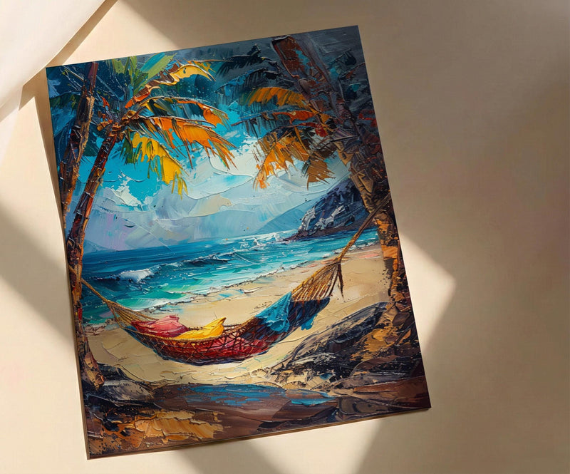 Tropical Palm Hammock Poster, Relaxing Beach Summer Decor - Bright Sky Secluded Ocean