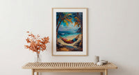Tropical Palm Hammock Poster, Relaxing Beach Summer Decor - Bright Sky Secluded Ocean
