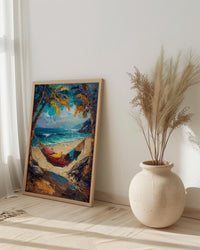 Tropical Palm Hammock Poster, Relaxing Beach Summer Decor - Bright Sky Secluded Ocean