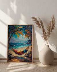 Tropical Palm Hammock Poster, Relaxing Beach Summer Decor - Bright Sky Secluded Ocean