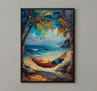 Tropical Palm Hammock Poster, Relaxing Beach Summer Decor - Bright Sky Secluded Ocean