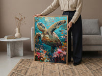 Sea Turtle Coral Reef Art Print, Tropical Ocean Decor - Crystal Clear Water Summer