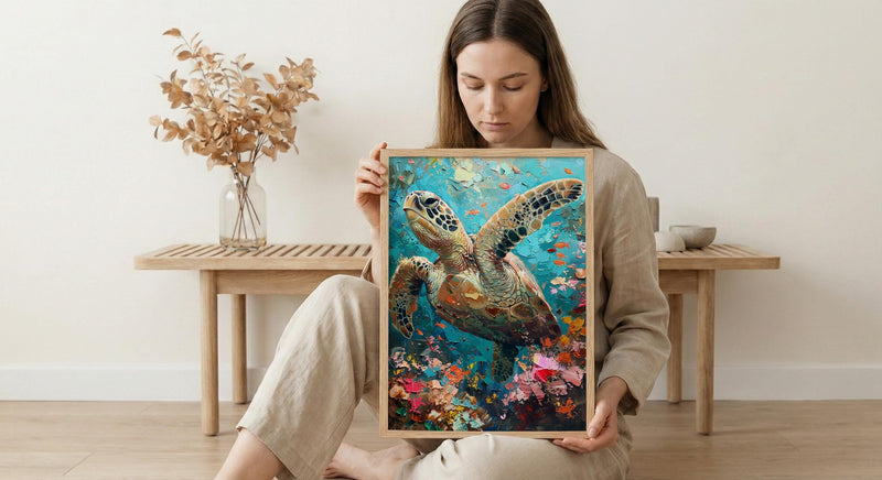 Sea Turtle Coral Reef Art Print, Tropical Ocean Decor - Crystal Clear Water Summer