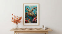 Sea Turtle Coral Reef Art Print, Tropical Ocean Decor - Crystal Clear Water Summer