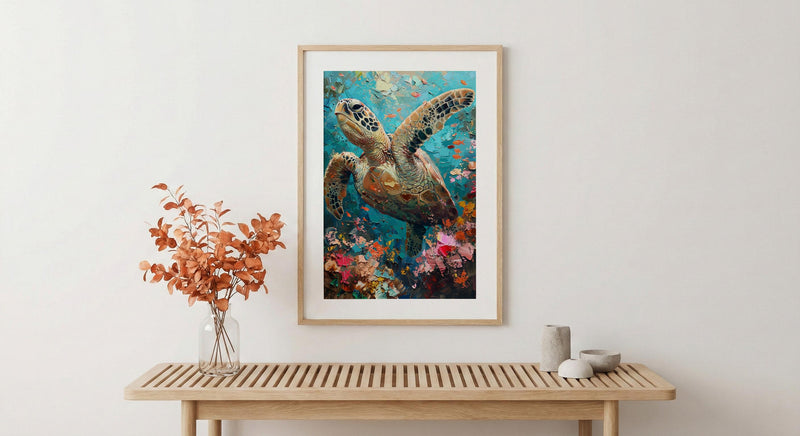 Sea Turtle Coral Reef Art Print, Tropical Ocean Decor - Crystal Clear Water Summer