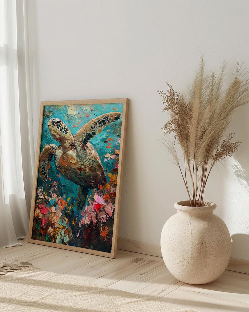 Sea Turtle Coral Reef Art Print, Tropical Ocean Decor - Crystal Clear Water Summer