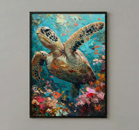 Sea Turtle Coral Reef Art Print, Tropical Ocean Decor - Crystal Clear Water Summer
