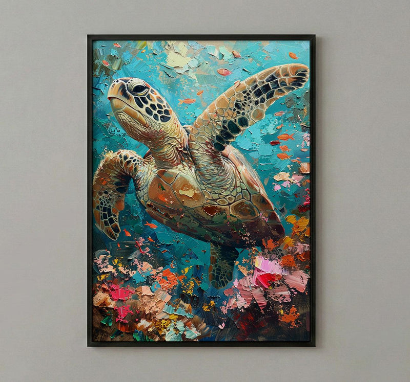 Sea Turtle Coral Reef Art Print, Tropical Ocean Decor - Crystal Clear Water Summer