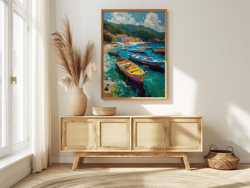 Brazilian Fishing Boat Wall Art, Coastal Ocean Bay Decor - Lush Green Hill View